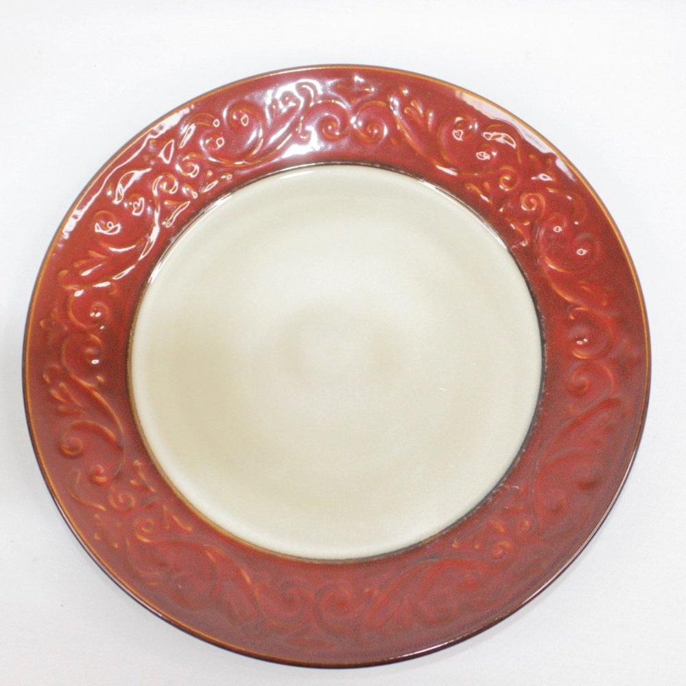 Pier 1 Imports Stoneware Red Scroll Pattern Dinner Plate Replacement Embossed